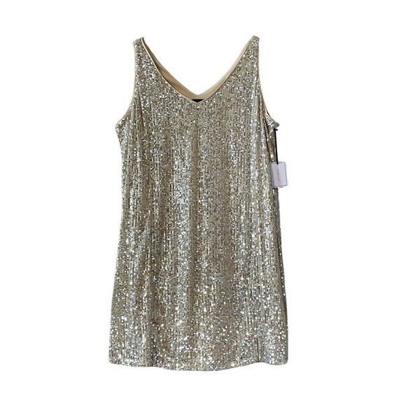 NWT 1. State Sequined Sleeveless V Neck Shift Mini Dress in Champagne - Picture 1 of 3